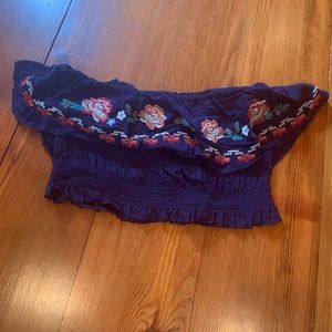 Navy strapless embroidered top